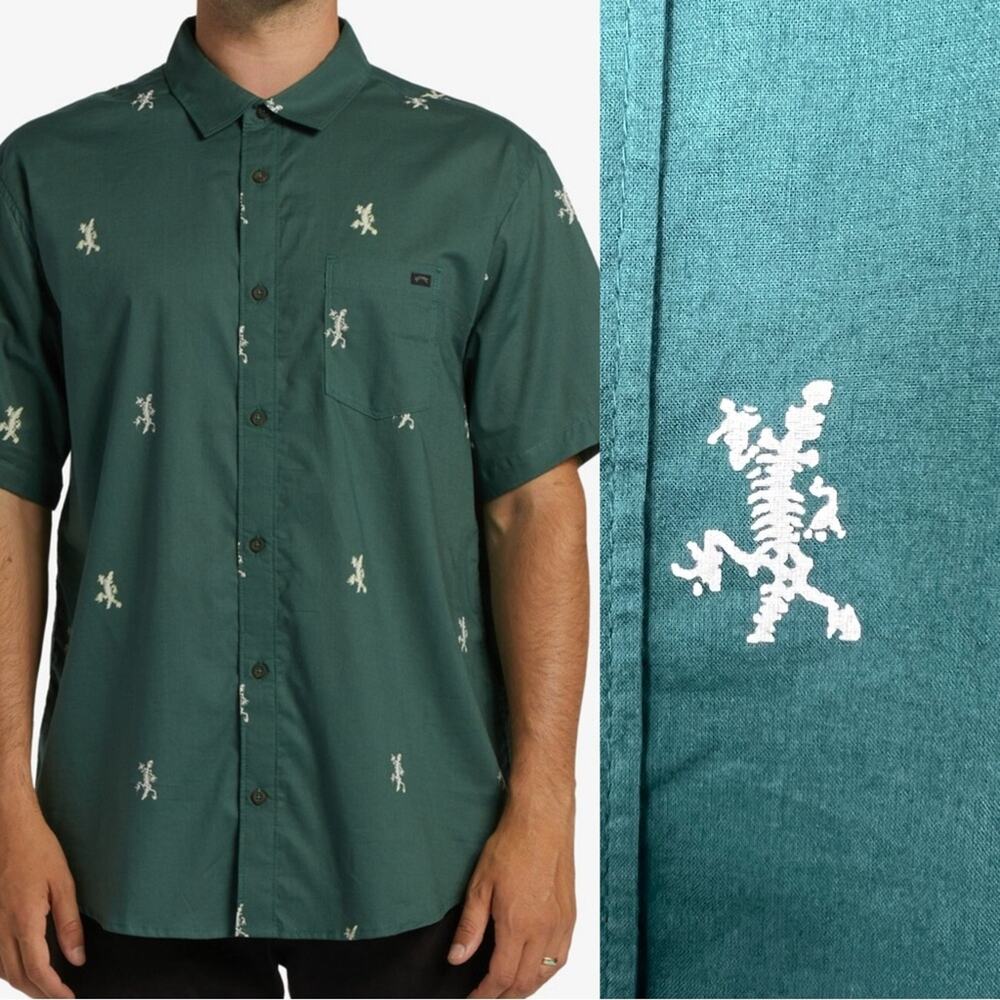 Billabong | Green Button Down Shirt Lizard Skeleton Sundays M